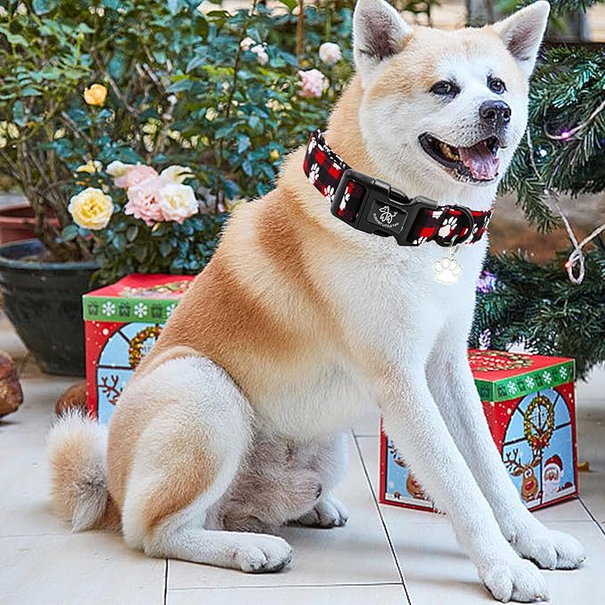Elegant little tail Christmas Dog Collar, Pet Dog Collar Cotton Soft Red Plaid Winter Dog Collars Holiday with Quick Release Buckle Pet Puppy Collar for X-Small Puppy