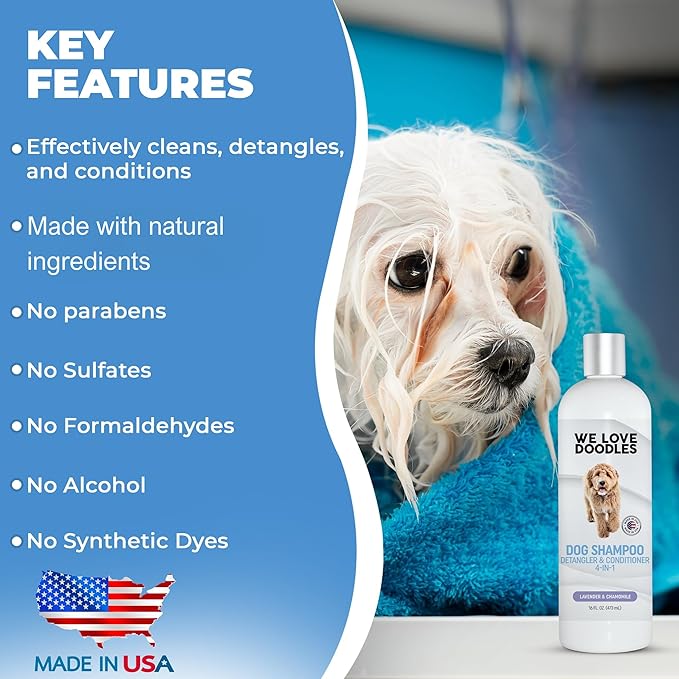 Dog Shampoo, Conditioner & Detangler - Best Shampoo for Goldendoodles, Poodles & Doodles Pet Hair - Hypoallergenic, Tearless, Sensitive Skin for Puppies & All Dog Breeds - Made in USA, 16OZ (Lavender)