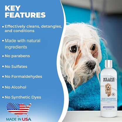 Dog Shampoo, Conditioner & Detangler - Best Shampoo for Goldendoodles, Poodles & Doodles Pet Hair - Hypoallergenic, Tearless, Sensitive Skin for Puppies & All Dog Breeds - Made in USA, 16OZ (Lavender)