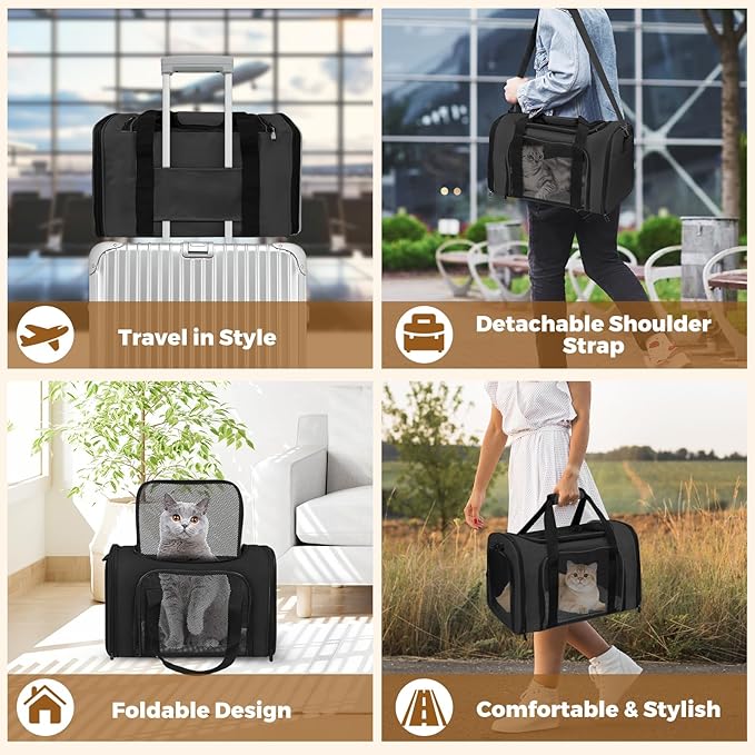 FOORLON Cat Carrier Soft for Pets Up to 15 Lbs, Cat Travel Bag Soft-Sided with Padded Shoulder Strap, Pet Dog Carriers for Small Dogs Travel Puppy Carry Airline Approved, Black
