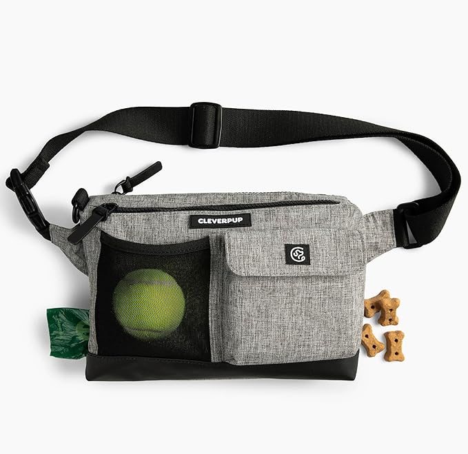 Cleverpup Dog Walk & Train Sling Bag by Cleverpup - Hands-Free 2-In-1 Treat Pouch, Poop Bag Holder, Clicker, Phone Pocket - Crossbody/Fanny Pack, Adjustable Strap - Heather Grey