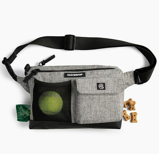 Cleverpup Dog Walk & Train Sling Bag by Cleverpup - Hands-Free 2-In-1 Treat Pouch, Poop Bag Holder, Clicker, Phone Pocket - Crossbody/Fanny Pack, Adjustable Strap - Heather Grey