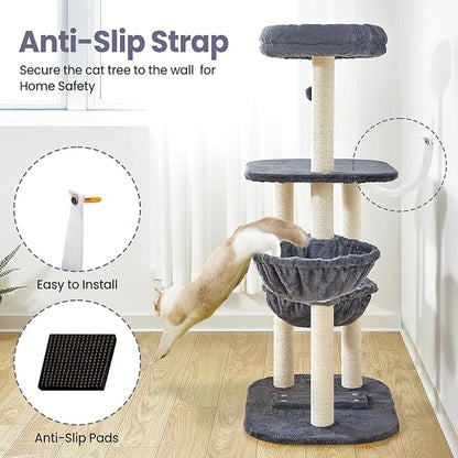 Small Cat Tree Tower with Scratching Post Condo Indoor - 42 Inch Cats Bed Hammock Perch for 2 Corner Cats Large Adult - Medium Short Compact Multi Level Cat House - Tall Climbing Gym Towers Furniture