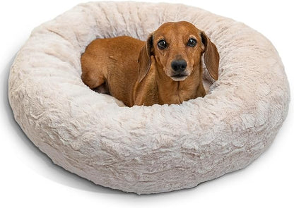 Best Friends by Sheri The Original Calming Donut Dog Bed – Washable Plush Pet Bed for Cats & Small Dogs up to 25 lbs, Lux Faux Fur, Oyster, Small (23" x 23")