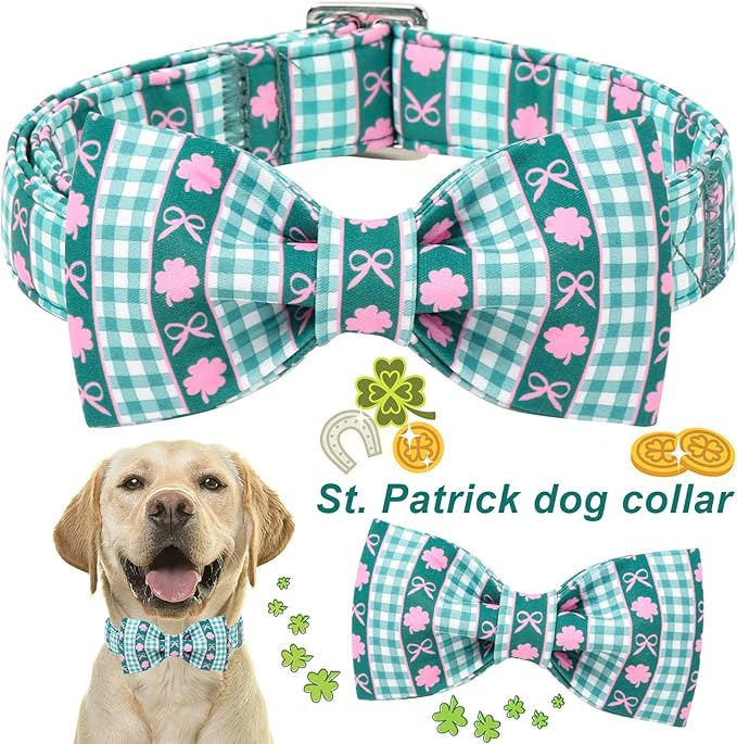 ARING PET St Patrick's Day Dog Collar, Cute Green Pet Shamrock Bowtie Collars with Metal Buckle for Puppy Small Medium Large Boy Girl Dogs-S