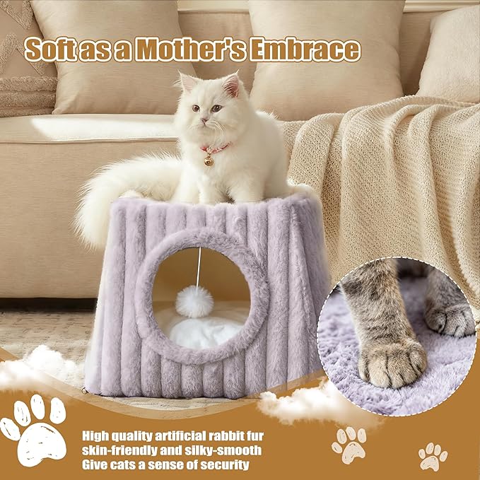 Indoor Cat House - Large Cat Bed Cave with Fluffy Balls and Scratch Pads, Foldable House and Apartment with Pads, Suitable for Multiple Cats (Grey, Large)