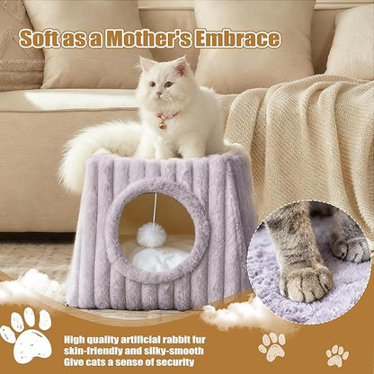 Indoor Cat House - Large Cat Bed Cave with Fluffy Balls and Scratch Pads, Foldable House and Apartment with Pads, Suitable for Multiple Cats (Grey, Large)