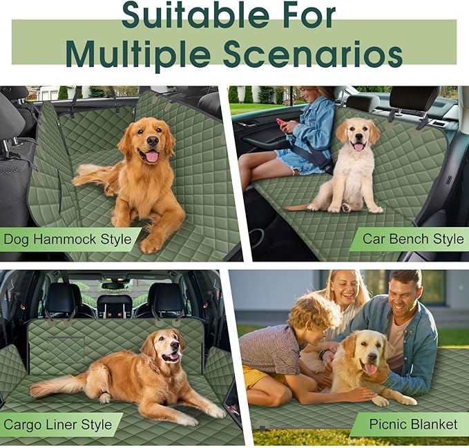NECKORY Waterproof Dog Car Seat Cover for Back Seat - Durable, Scratch Proof Pet Hammock with Nonslip Design & Storage Pockets, Fits Cars, SUVs, Trucks- S, Green