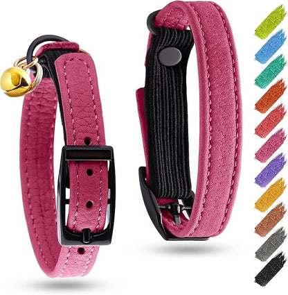 Leather Cat Collar with Bell and Safety Elastic Strap Breakaway Alternative for Small & Large Kittens, Stylish Pet Leather Collar for Boy, Girl Cats with Metal Buckle & QR ID Tag (Pink)