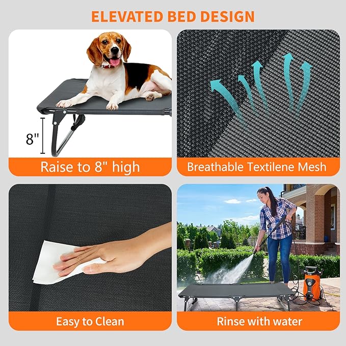 everfront Dog Elevated Bed Foldable Portable Raised Bed Camping cot Outdoor Summer Dog Bed (Medium, Grey-Textilene)