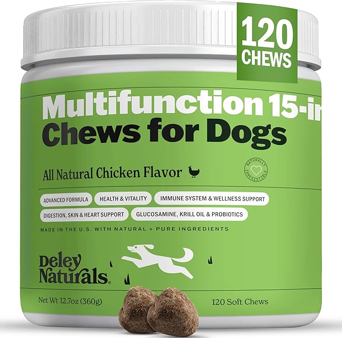 Deley Naturals 15 in 1 Multivitamin for Dogs - Complete Dog Vitamins and Supplements for Immune Support, Joint, Skin, Digestion, Heart & Overall Health - Daily Multifunction Supplements - 120 Chews
