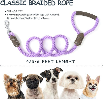 Mile High Life Dog Leash, Braided Cotton Rope Leashes with Leather Handle - Heavy Duty Metal Clasp, 6FT, 1/2" Thick - Wedding, Walking & Training Leash for Small Medium Large Dogs (Purple)