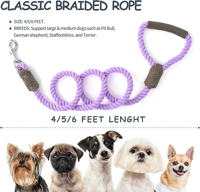 Mile High Life Dog Leash, Braided Cotton Rope Leashes with Leather Handle - Heavy Duty Metal Clasp, 5FT, 1/2" Thick - Wedding, Walking & Training Leash for Small Medium Large Dogs (Purple)