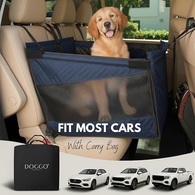 Premium Dog Car Seat & Back Seat – Waterproof & Non-Slip Travel Hammock with Storage Pockets | Secure & Comfortable Pet Seat Cover for Large & Medium Dogs – Fits Cars, SUVs & Trucks (Blue)