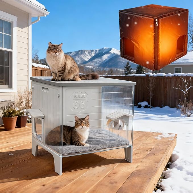 Weatherproof Outdoor Cat House, Feral Cat Insulated Heated Outside Plastic Cat House, Elevated Stray Feral Cat Shelter with Escape Door, Easy Assemble, Expansive Interior‌