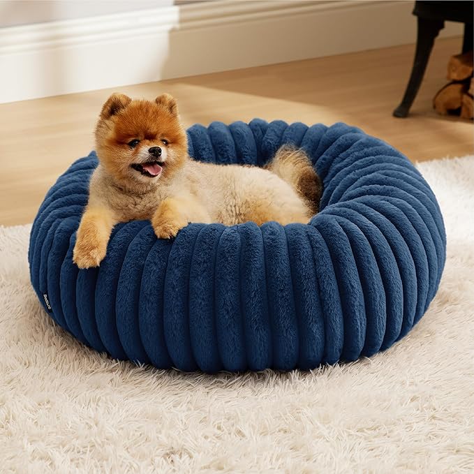 Bedsure ComfyFleece Donut Small Dog Bed - Dog Beds for Small Dogs with Corduroy Fleece & Anti Slip Bottom, Round Faux Fur Pet Beds with Washable Removable Cover, Night Blue, 23x23x7 inches