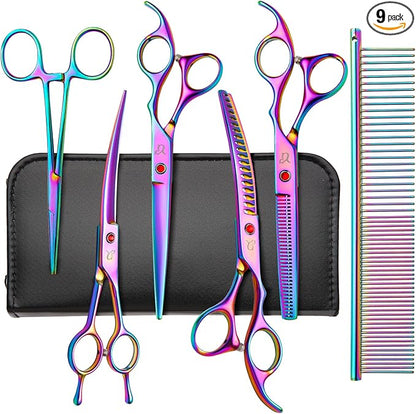 Dog Grooming Scissors,Rainbow Curved Chunkers Shears with Safety Round Tips,Sharp and Durable 6 in 1 Dog Scissors for Grooming