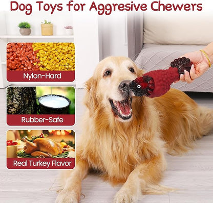 WinTour Tough Dog Toys for Aggressive Chewers, Durable and Indestructible Dog Toys to Keep Them Busy, Turkey Squeaky Chew Toys for Medium and Large Dogs, Red