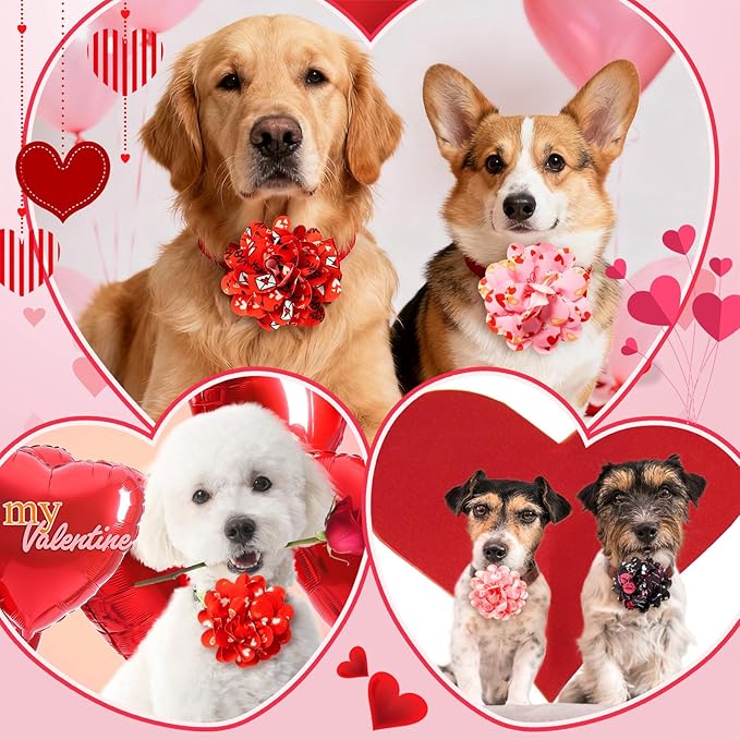 50 Pcs Valentines Day Dog Collar Flowers Bulk Pin and Red Heart Dog Flower Grooming Charms Accessories for Cat Pets Collar Attachment Embellishment Valentine's Day Sweet Party Costume