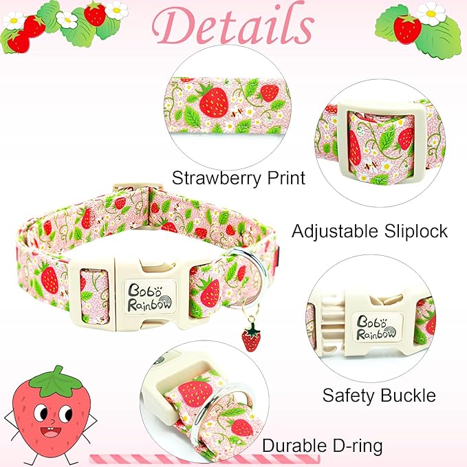 Dog Collar-Cute Strawberry Adjustable Pet Collars Soft Comfortable Spring Puppy Collar Pink Cotton Dog Collars Necklace Gift for X-Small Dogs