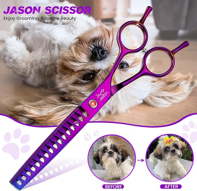 JASON 7.5" Dog Grooming Scissor - Professional Chunker Shear with Ergonomic Handle Japanese Stainless Steel Hair Scissor for Dogs, Cats and Other Pets, Sharp (Chunker, Purple) Christmas Gift