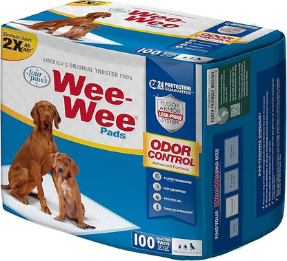 Four Paws Wee-Wee Odor Control Advanced Formula Unscented Pee Pads for Dogs & Puppies, Leak-Proof Housebreaking Potty Training Floor Protection, 22" x 23", 100 Count
