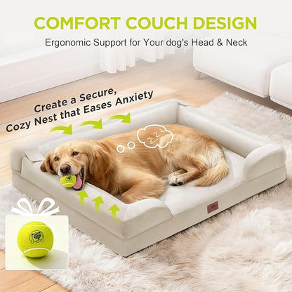 Orthopedic Dog Bed for Extra Large Dogs, XXL Waterproof Egg Crate Memory Foam Pet Bed Bolsters with Removable Washable Cover & Non-Slip Bottom, Tennis Ball Toy, 45x35