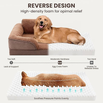 Warmrest Orthopedic Dog Beds for Medium Size Dogs, Waterproof Egg-Crate Foam Pet Couch Bed with Soft Sides, Non-Slip Dog Sofa with Fleece Removable Washable Cover, 35" L Supportive Pet Sofa, Brown