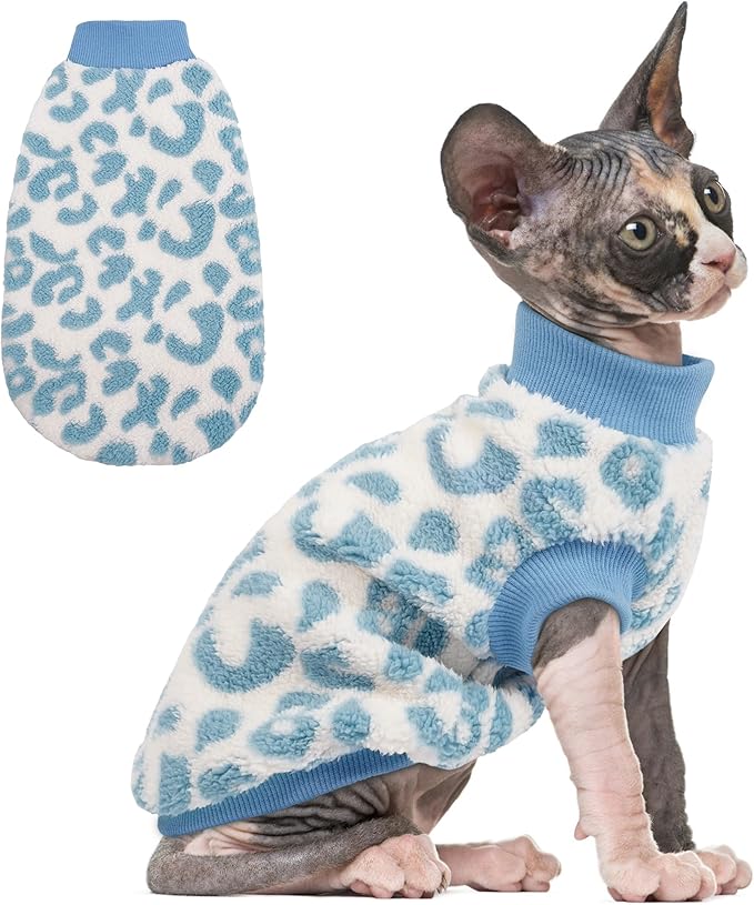 PUMYPOREITY Winter Warm Cat Sweater - Super Soft & Elastic Knit with Plush Fleece, Easy-On Design with Ribbed Neck & Cuffs, Stretchy Cat Outfit for Indoor/Outdoor Use,Blue, S