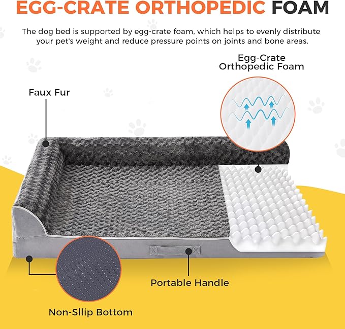 Dog Bed Large Sized Dogs, Orthopedic Dog Bed for Large Dogs, Waterproof Pet Bed with Washable Removable Cover, L-Shaped Pet Couch with Portable Handle 36"x27"x6.5", Grey
