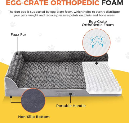Dog Bed Large Sized Dogs, Orthopedic Dog Bed for Large Dogs, Waterproof Pet Bed with Washable Removable Cover, L-Shaped Pet Couch with Portable Handle 36"x27"x6.5", Grey