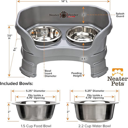 Neater Feeder Deluxe Mess Proof Dog Bowls Elevated for Small Breeds – Made in USA – No Spill Raised Dog Food Bowl Stand w/Leg Extensions – Stainless Steel Dog Food and Water Bowl Set – Grey