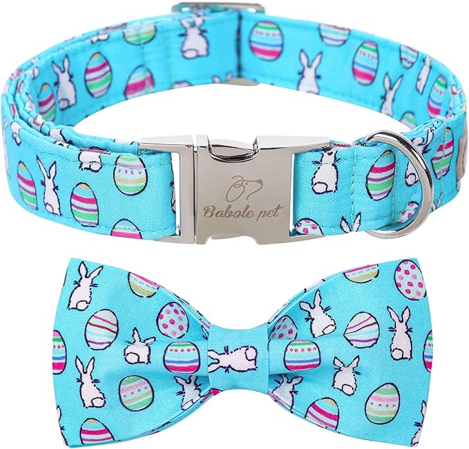 Easter Dog Collar with Bow Tie - Adjustable Easter Bunny Eggs Dog Collar Blue Rabbit Bowtie Metal Buckle Puppy Collars for Small Medium Large Dogs S
