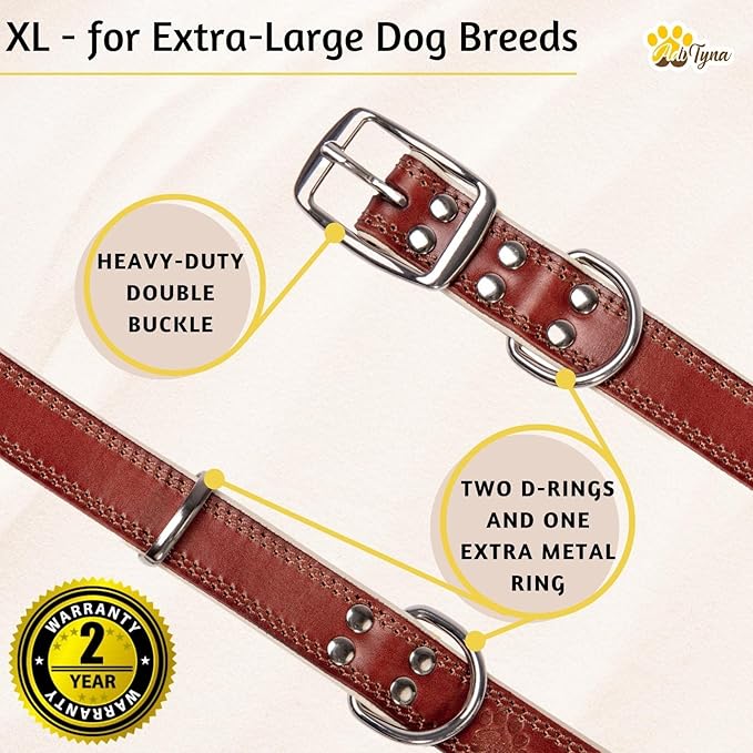 ADITYNA Heavy-Duty Big Leather Dog Collar for Extra-Large Dogs - Soft Padded for Comfort - XL Dog Collar for Walking, Training, and Hiking