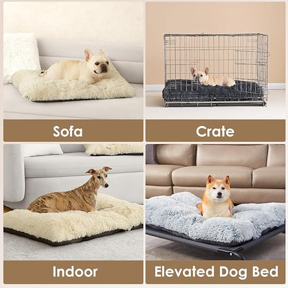 EHEYCIGA Fluffy Dog Crate Bed for Small Dogs, Plush Faux Fur Crate Pad, Calming Anti Anxiety Small Dog Bed, Washable Soft Warm Mat with Non-Slip Bottom, Ivory Beige