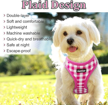 matilor Dog Harness Step-in Breathable Puppy Cat Dog Vest Harnesses for Small Medium Dogs Pink Checkered