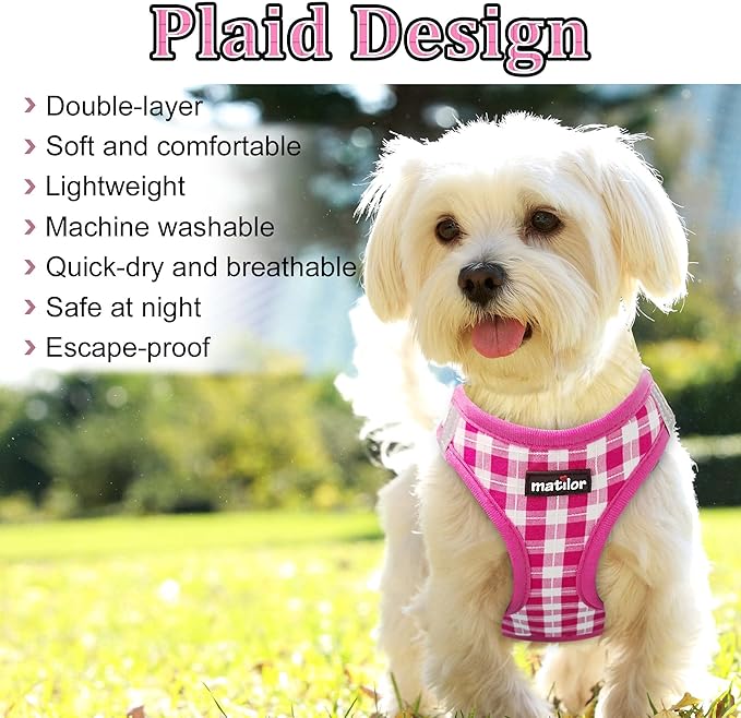 matilor Dog Harness Step-in Breathable Puppy Cat Dog Vest Harnesses for Small Medium Dogs Pink Checkered
