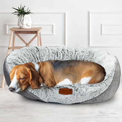 Calibonbon Luxury Calming Pet Bed for Cats & Small Dogs, All-in-One Machine Washable Long Fur Plush with Bolster, Non-Slip Waterproof Bottom & Orthopedic Support for Warmth, 20x19 Inch, Light Grey