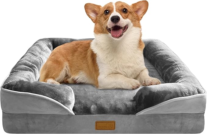 Spotted Play Orthopedic Dog Bed with Sides - Dog Sofa Beds for Medium Dogs, Supportive Foam Pet Couch Bed with Washable Removable Cover, Waterproof Lining and Non-Slip Bottom, Grey - M