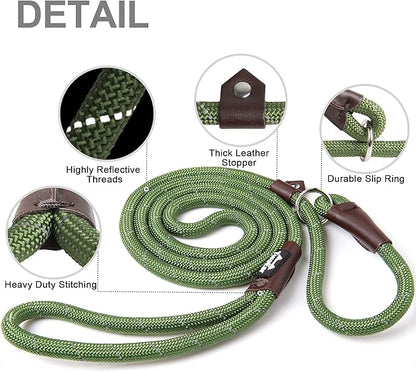 TwoEar 6FT Slip Lead Dog Leash, Heavy Duty Slip Leash for Dogs with Highly Reflective, Strong Rope Slip Leads No Pull Pet Training Leashes for Small Dogs (3/8", Green)