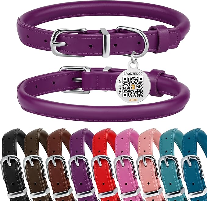 BRONZEDOG Rolled Leather Dog Collar for Small Medium Large Dogs with QR ID Tag (L: 16-18 Inch, Plum)