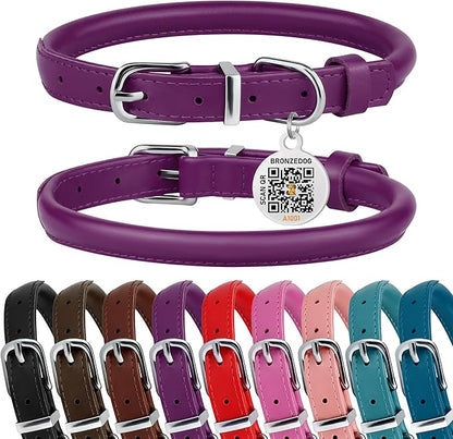 BRONZEDOG Rolled Leather Dog Collar for Small Medium Large Dogs with QR ID Tag (L: 16-18 Inch, Plum)