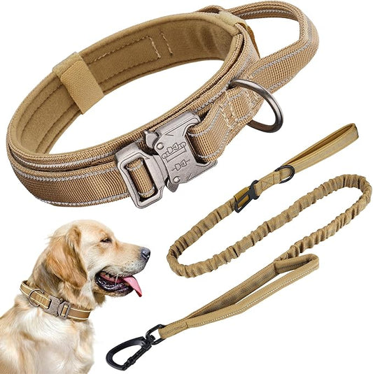 KCUCOP Heavy Duty Tactical Dog Collar and Leash Set, Military Training Nylon Reflective Collar with Handle Metal Buckle for Medium Large Dogs,Brown, XL (1 Patch Included)