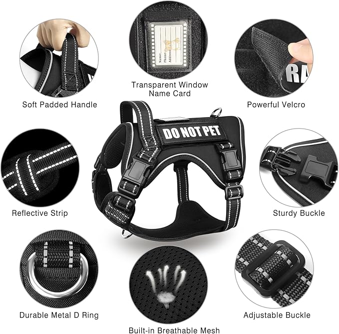 MOOGROU Tactical Dog Harness and Leash Set Medium Sized Dog,Heavy Duty No Pull Service Dog Vest and 10 Patches with Dog Seat Belt,Reflective Adjustable Pet Harness for Training Walking Hiking Black M