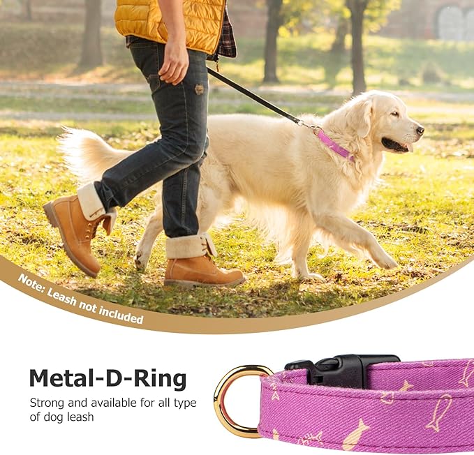 Cotton Handmade Dog Collar Cute and Distinctive Patterns Purple Fish with Pendant for Girl Boy Dogs Collars L