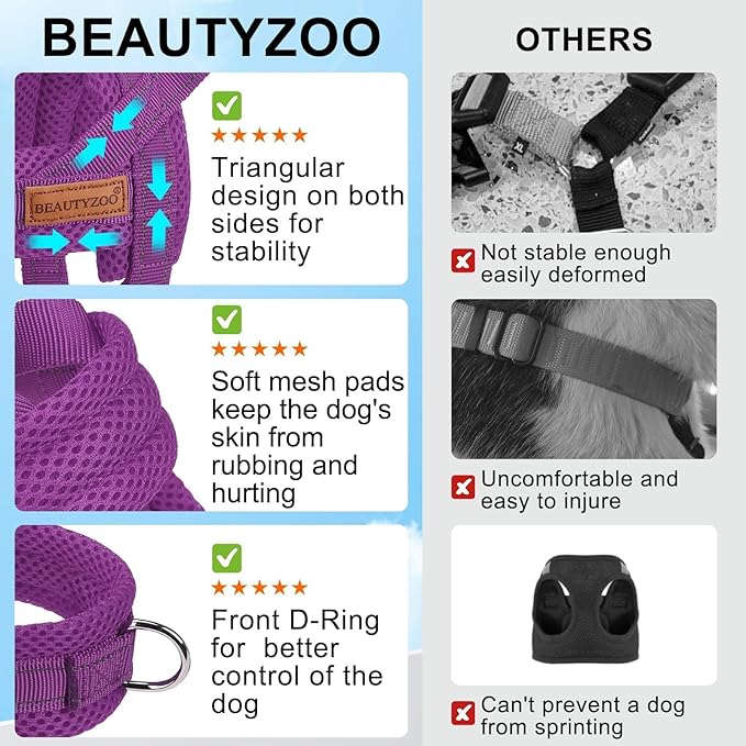 BEAUTYZOO No Pull Dog Harness Medium Sized Dog, Breathable Mesh Padded Dog Harness and Leash Set, Adjustable Reflective Escape Proof Dog Vest Harnessss Quick Fit for Training Walking, Purple M
