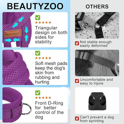 BEAUTYZOO No Pull Dog Harness Medium Sized Dog, Breathable Mesh Padded Dog Harness and Leash Set, Adjustable Reflective Escape Proof Dog Vest Harnessss Quick Fit for Training Walking, Purple M