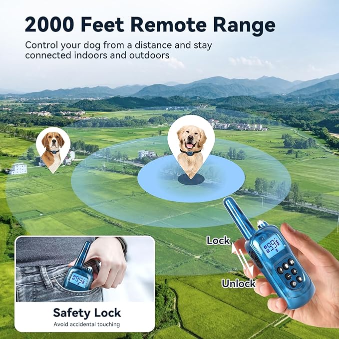 Jeyihka Dog Shock Collar 2 Dogs-2000ft Dog Training Collar with Remote，IPX7 Waterproof Electric Collar with 3 Training Modes,0-99Precise Adjustment，for Small, Medium and Large Dogs 5-120lbs，Blue