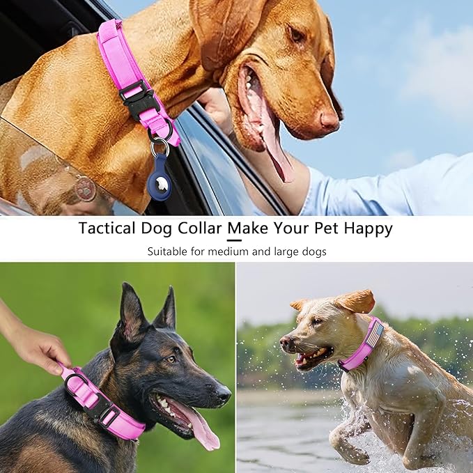 DAGANXI Tactical Dog Collar, Adjustable Military Training Nylon Dog Collar with Control Handle and Heavy Metal Buckle for Medium and Large Dogs, with Patches and Airtags Case (XL, Pink)