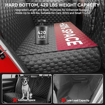 DIAMOOKY Dog Car Seat Cover for Back Seat, Waterproof Back Seat Extender for Dogs w/Door & Headrest Protector, Hard Bottom Pet Bed Hammock Holds 420lbs, for Cars SUVs Small Trucks(Not for 3-row seats)